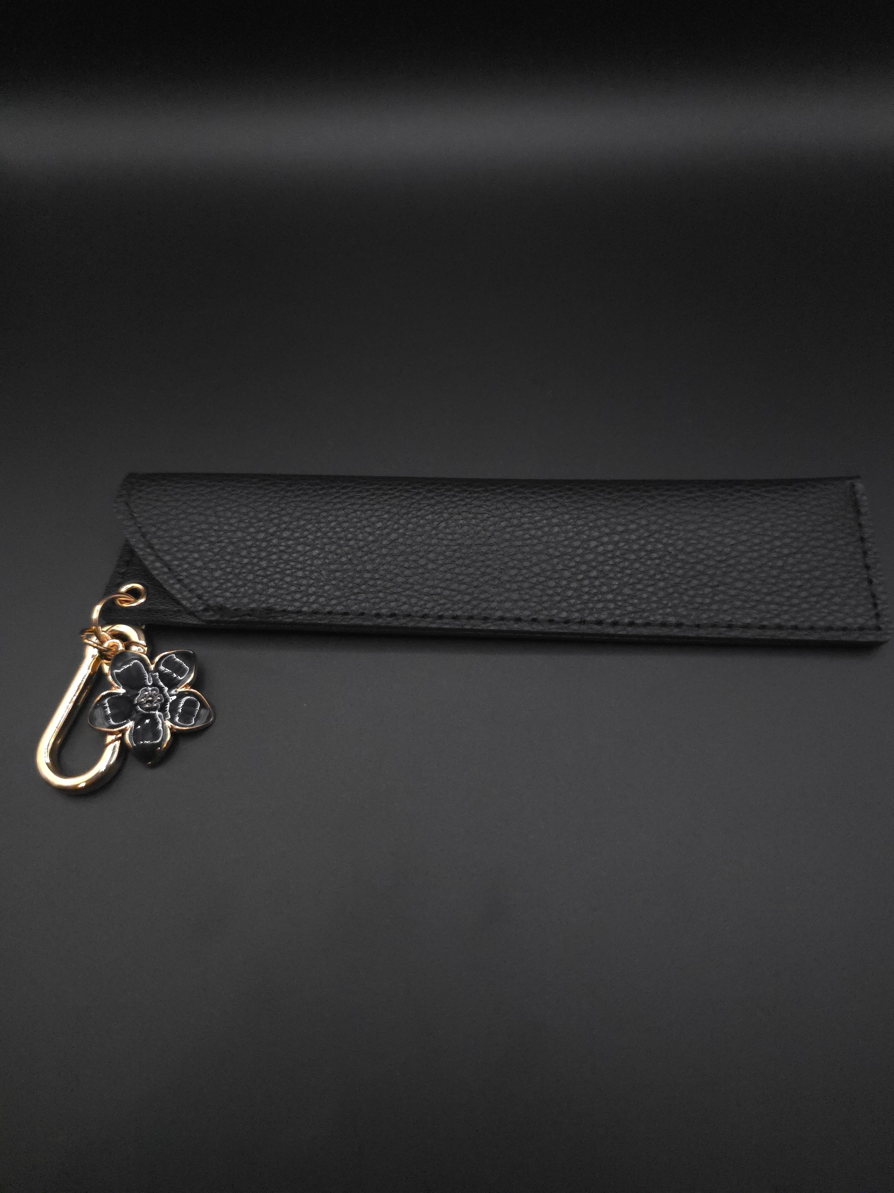 PU Leather Pen Sleeve Keychain (Black with decorative flower charm)